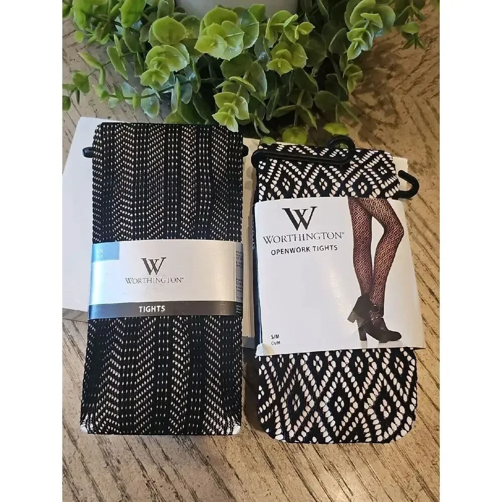 Worthington Black Openwork Tights NWT Set Of 2